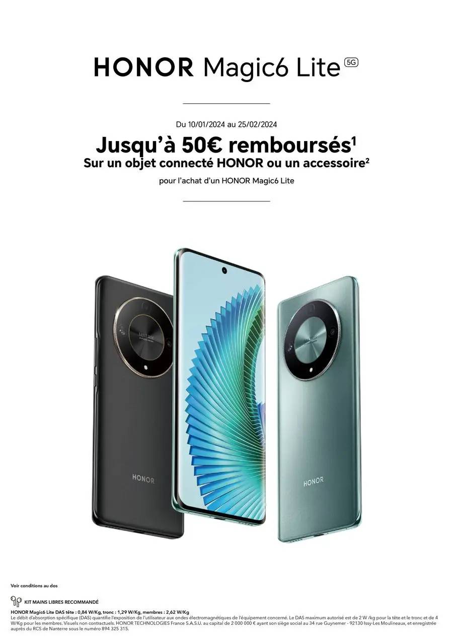 Jusqu'à 50€ remboursés sur un objet connecté Honor ou un accessoire