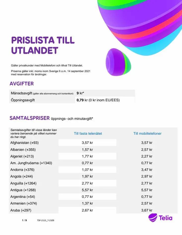 Prislista Till utlandet